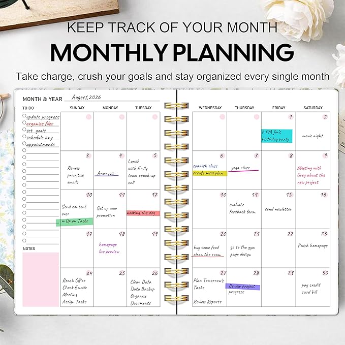 Undated Weekly and Monthly Planner – 12-Month To Do List Notebook Organizer with Goal & Habit Tracker, Spiral Bound Productivity Journal Ideal for Work, School & Home, 6.5" x 8.5", Wildfloral