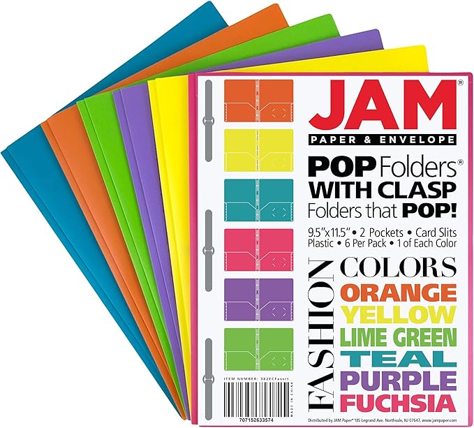 JAM PAPER Plastic Color POP Folders - 2 Pocket Durable Folders with Metal Prongs Fastener Clasps - Assorted Fashion Colors - 6/Pack