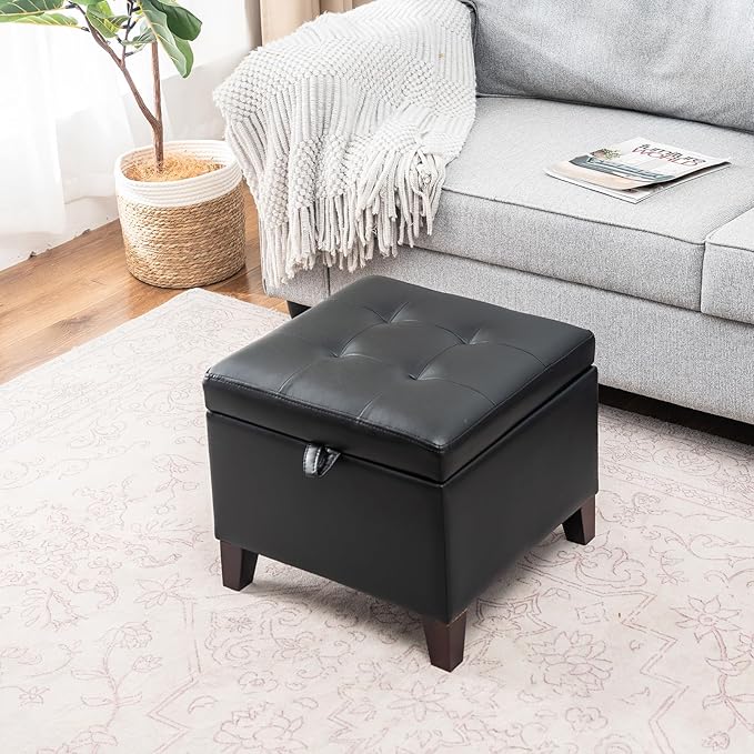 Asense 17 Inch Storage Ottoman Foot Rest,Square Faux Leather Foot Stool,Small Ottoman with Storage,Padded Seat for Entryway,Living Room,Bedroom,Couch,Under Desk,Black