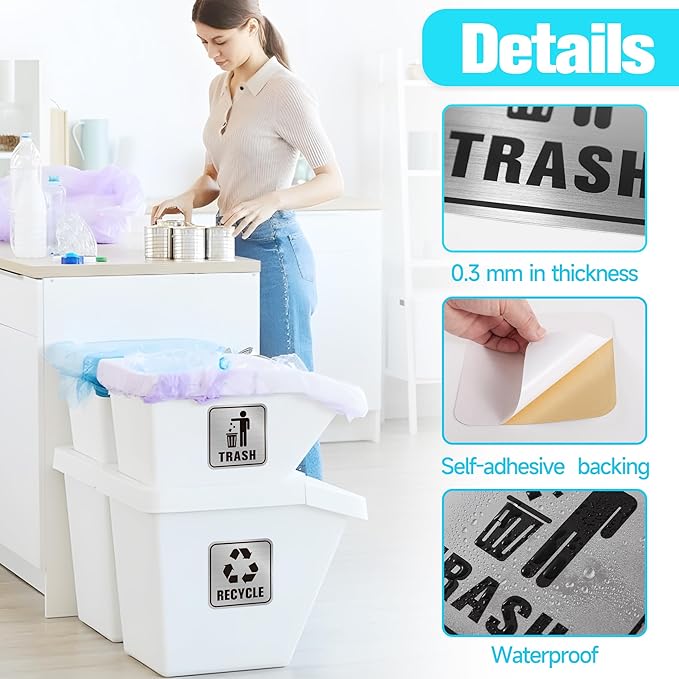2PCS Recycle Stickers for Trash Bins, Self-Adhesive Waterproof Brushed Silver Trash and Recycling Stickers for Trash Can, Kitchen, Office, Garbage Bin Indoor, Outdoor Use