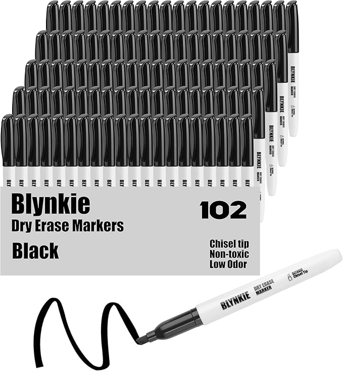 Blynkie Dry Erase Markers Bulk Pack of 102 Chisel Tip Black Whiteboard Markers, Low Odor Suitable for School Office and Home