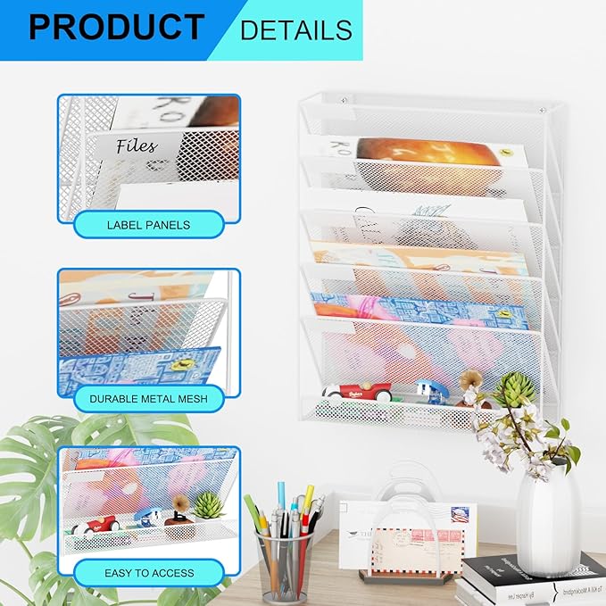 GDINDINFAN Wall File Organizer Holder Mesh Hanging Paper Document Holder,Vertical 6 Pocket Tier for Office Home, White