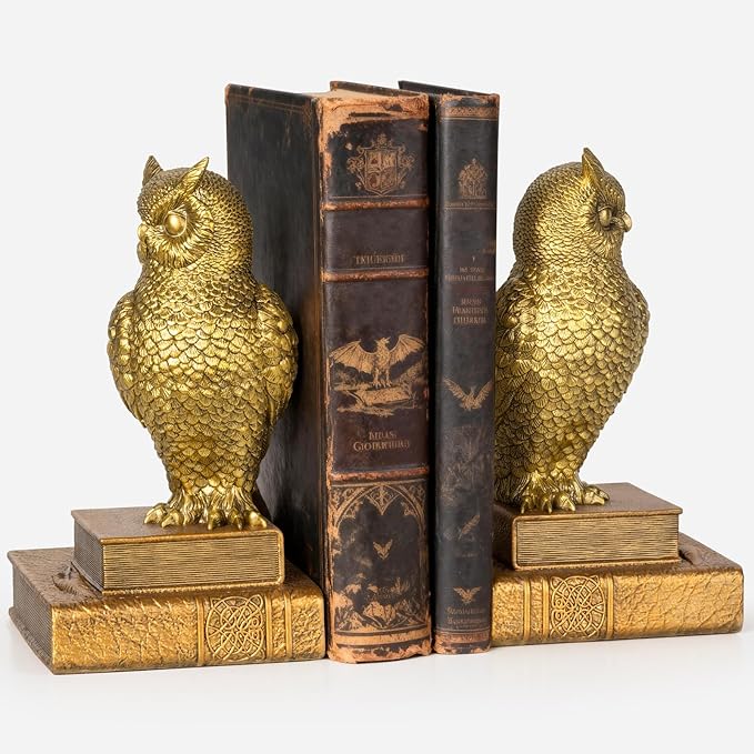 MXARLTR Decorative Owl Bookends, Book Ends for Shelves, Vintage Resin Bookends with Anti-Slip Base for Books Lovers Home Office Decor Book Holder (Gold)