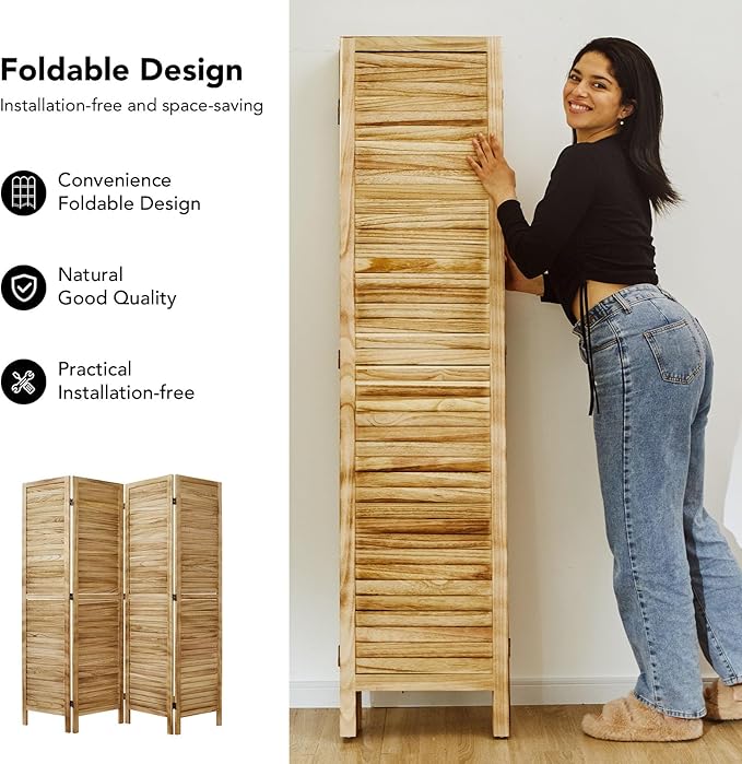 Room Partitions and Dividers, Temporary Wall with Double Hinges, 5.6 Ft Tall Folding Louver Wood Screen for Home Office Bedroom Hotel Decoration (4 Panels, Wood Color)