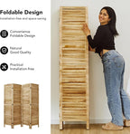 Room Partitions and Dividers, Temporary Wall with Double Hinges, 5.6 Ft Tall Folding Louver Wood Screen for Home Office Bedroom Hotel Decoration (4 Panels, Wood Color)