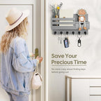 FifthQuarter Key and Mail Holder for Wall, Mail Organizer Wall Mount with 6 Hooks and Storage Drawer, Easy Installation Key Rack for Entryway and Home Decor (A-Grey)
