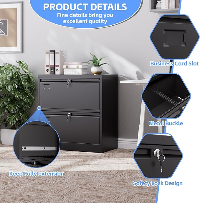 SUXXAN Metal 2 Drawer Lateral File Cabinet with Lock - Wide Filing Cabinet for Letter/Legal/F4/A4 Hanging Files - Includes Business Card Holder,Home Office School Storage,Black