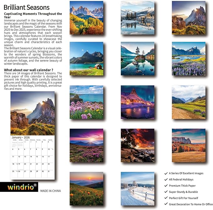 2026 Wall Calendar,Calendar 2026, November 2025 - December 2026, Wall Calendar Brilliant Seasons, 12" x 24" Opened,Full Page Months Thick & Sturdy Paper for Gift Perfect Calendar Organizing & Planning