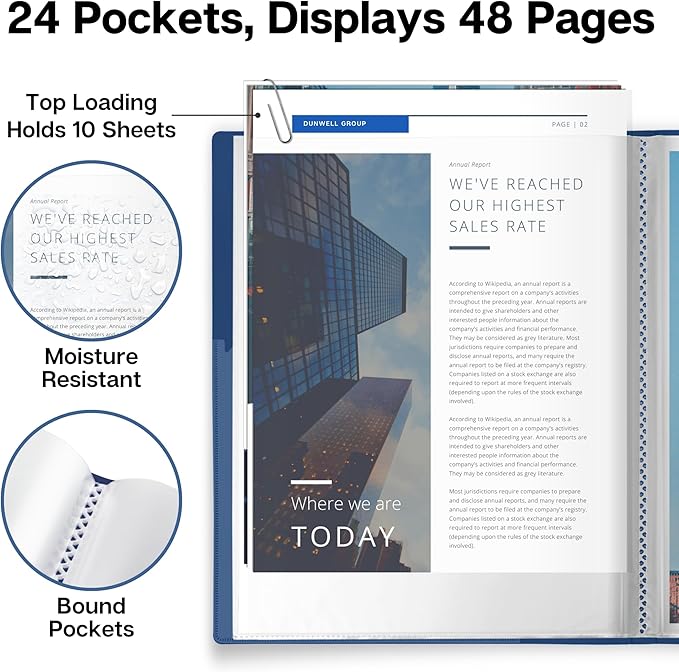 Dunwell Presentation Binder 24-Pocket, Displays 48 Pages, 8.5x11 Portfolio Binder with Plastic Sleeves, Storage and Organizer for Documents, Certificates, Projects, Photos (Blue)