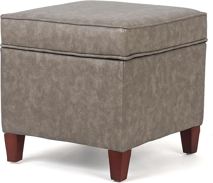 Asense Square Storage Ottoman Faux Leather Upholstered Footrest Footstool with Wooden Legs, Grey