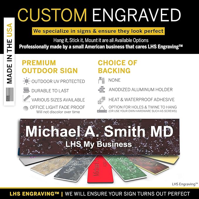 Custom Name Plate with Choice of Mounting for Walls, Doors, Cubicles, Hanging and More - Personalized Canberry Marble Plastic White Letters - USA Made 2x10 - S5