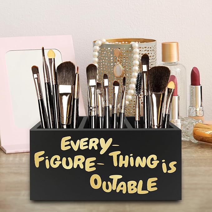 QZQE Everything Is Figureoutable Pen Pencil Holder Organizer for Desk, Inspirational Motivational Wooden Box Signs Decorations for Home Office Desk Tabletop, Inspirational Gifts
