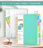 Spiral Notebook Journal with Removable Dividers Tabs, 300 Pages Hardcover Leather 5 Subject College Ruled Notebook, 8.5"x11" Large A4 Lined Journal for Women Men, Spiral Notebook for Work School,Teal