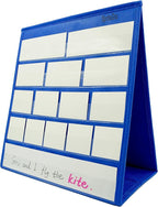 Blue Tabletop Desktop Pocket Chart with Bonus 20X Dry Erase Cards. Double Sided and Self-Standing (13” X 12”)
