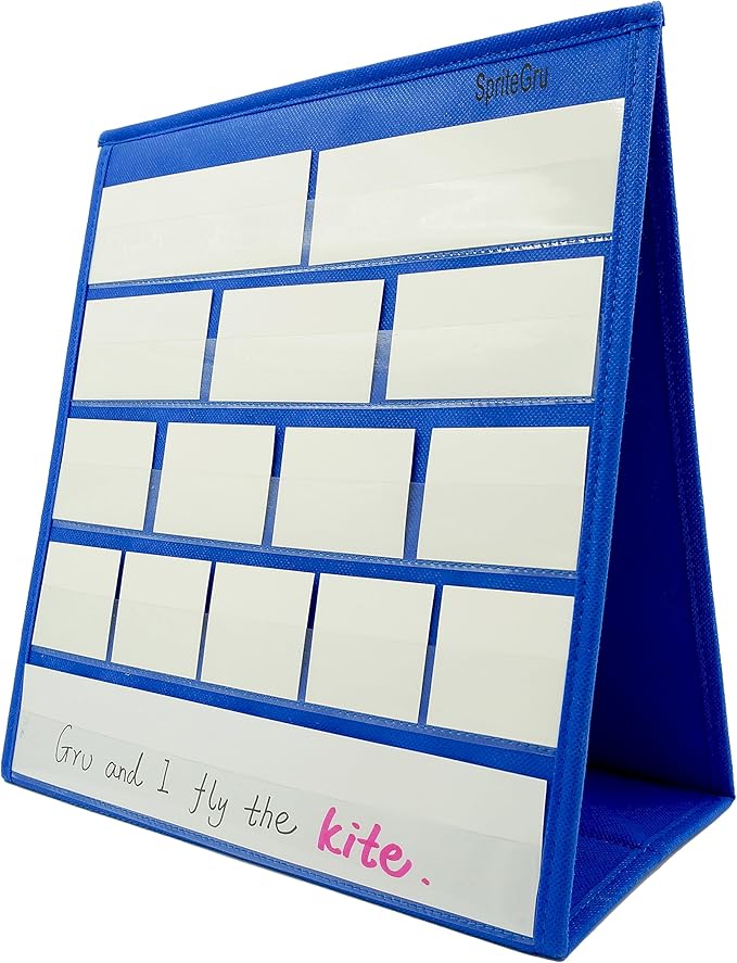 Blue Tabletop Desktop Pocket Chart with Bonus 20X Dry Erase Cards. Double Sided and Self-Standing (13” X 12”)