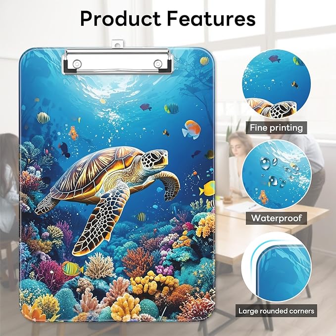 Luminzo Plastic Cute Clipboard Low-Profile Metal Clip, A4 Letter Size 9 x 12.5 in, 8.5 x 11 Paper Clip Board for Teachers, Nurses, Classroom,Sea Turtles