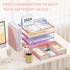 OPNICE Desk Organizer, 4-Tier Desktop File Organizer with Drawer and 2 Pen Holders, Office Desk Accessories, File Sorters, Workspace Organizers for Office Supplies(Rose Gold)