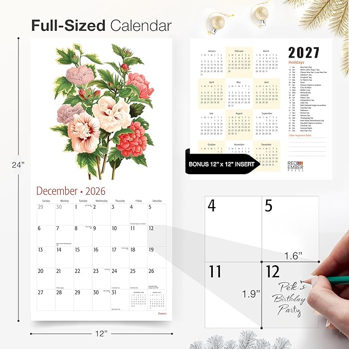 RED EMBER Flowers 2026 Wall Calendar 12 Month | 12" x 24" Open | Thick & Sturdy Paper | Holiday Gift | Garden Nature Art Calendar 2026