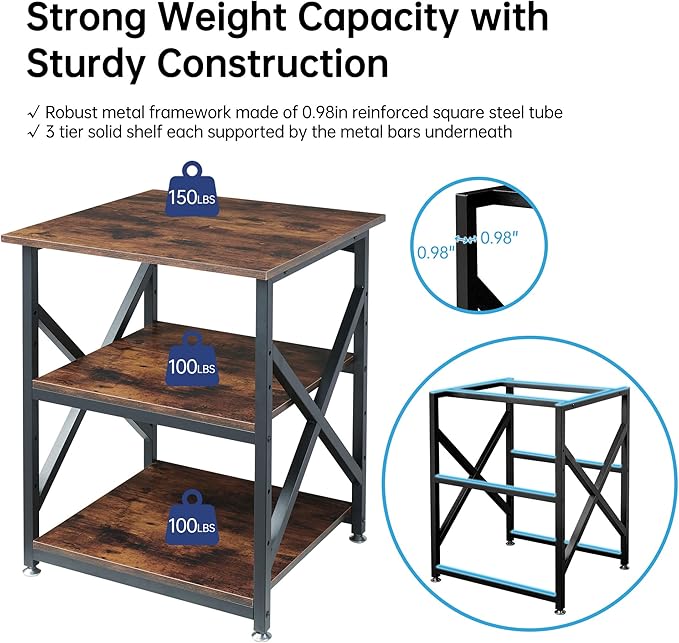 Fannova 23.6 x 23.6 Inches Large Printer Stand, 3 Tier Square Printer Table with Height Adjustable Storage Shelf, Rolling Printer Cart with Industrial Wheels for Home Office - Rustic Brown
