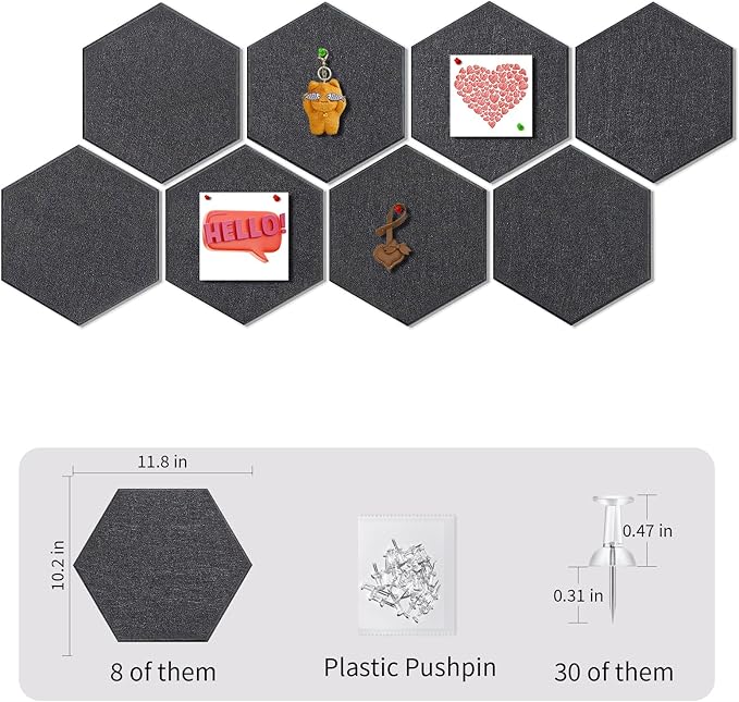 Fwpelt 12'' Large Hexagon Cork-Bulletin Boards for Walls, Self-Adhesive Modern Corkboard, Frameless Felt Pinboard, Prayer-Vision Pin Board for Office, Pack of 8 Hex Cork Tiles with 30 Pushpins