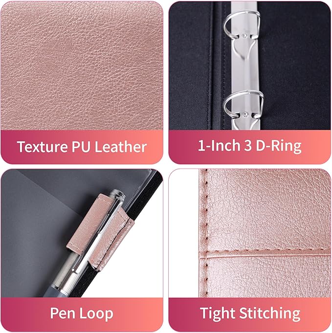 Antner 3 Ring Personal Check Binder for 3-on-a-Page End-Stub Deskbook & Personal 3 Holes or 9 Holes Small Size Checks, PU Leather Check Holder Checkbook Binder Cover with Zipper Pouch, Rose Gold