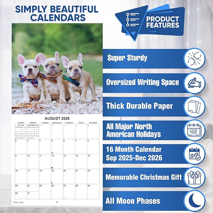 2026 French Bulldogs Monthly Wall Calendar | Cute Dog Calendar 2025-2026