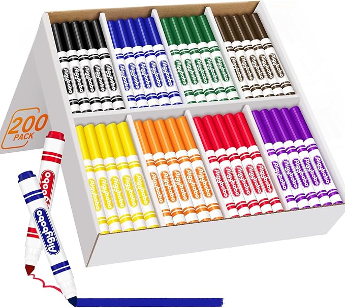 Aigybobo 200 Count Washable Markers Bulk, 8 Assorted Colors, Broad Line Conical Tip Coloring Marker for Kids, Markers Bulk Pack for Classroom, School Art Supplies & Back to School Supplies