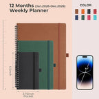 IN-LUXPRO Planner 2026 Daily Weekly and Monthly,6.5"x3.75",12 Months Spiral Bound Calendar Agenda with Self-adhesive Pen Holder,2026 Appointment Book with Vegan Leather Soft Cover,Brown