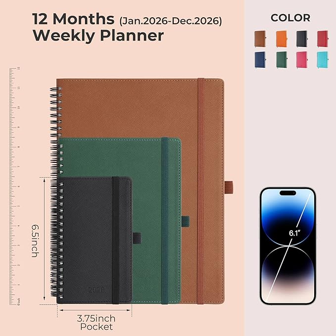 IN-LUXPRO Planner 2026 Daily Weekly and Monthly,6.5"x3.75",12 Months Spiral Bound Calendar Agenda with Self-adhesive Pen Holder,2026 Appointment Book with Vegan Leather Soft Cover,Black