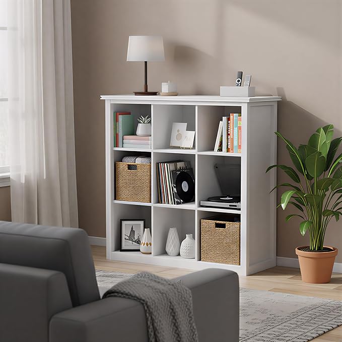 SIMPLIHOME Artisan Bookcase - 43 inch Tall 9-Cube Solid Wood Cube Organizer in Chantilly White, Transitional Storage Bookcase for Living Room, Study Room or Office with Fixed Shelves and Tapered Legs
