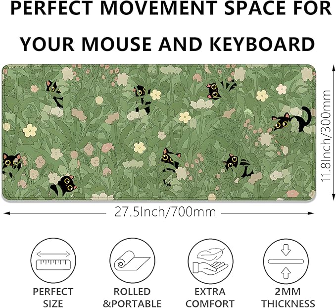 Cute Cats Desk Pad Mouse Pad,Sage Green Plants Flowers Floral Mouse Mat Large,Stitched Edges Non-Slip Waterproof Rubber Base Mous Mat for Office Home Work Gaming(27.5X11.8 in)