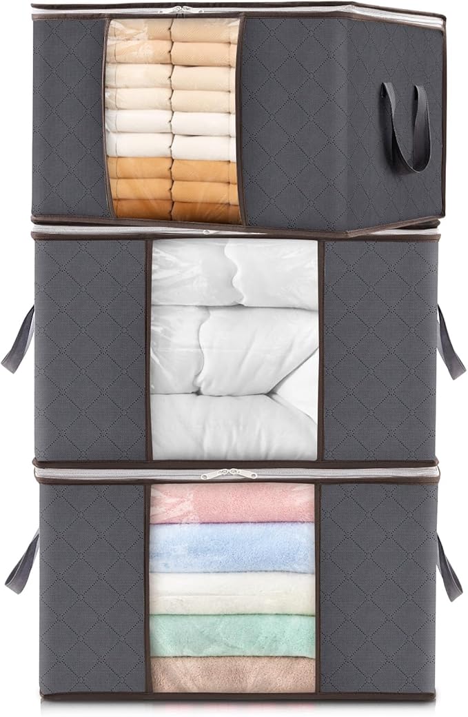 Lifewit 3 Packs Clothes Storage Bag, Storage Bins for Clothes, Blankets, Comforters, Foldable Clothing Storage with Reinforced Handle, Sturdy Zipper, Closet Organizer with Clear Window, Gray