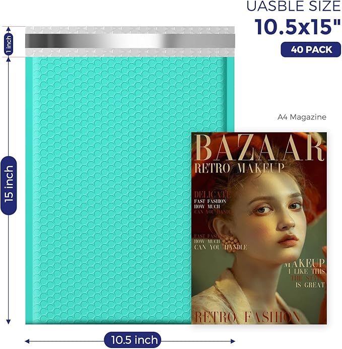 Fuxury Large Bubble Mailers 10.5x16" 40 Pack Thick Padded Envelopes Opaque Mailing Envelopes Bubble Padded Mailers Shipping Bags for Packaging #5 Teal