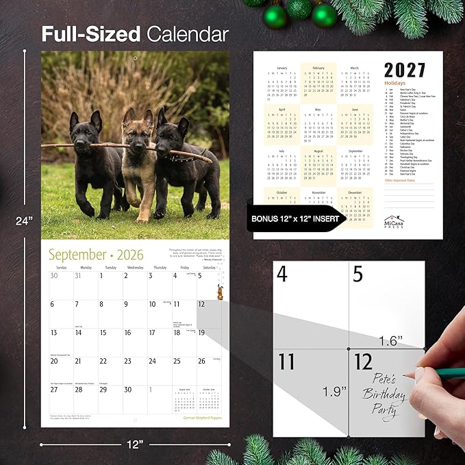 MICASA PRESS German Shepherd Puppies 2026 Wall Calendar 12 Month | 12" x 24" Open | Thick & Sturdy Paper | Holiday Gift | Cute Puppy Dog Calendar 2026