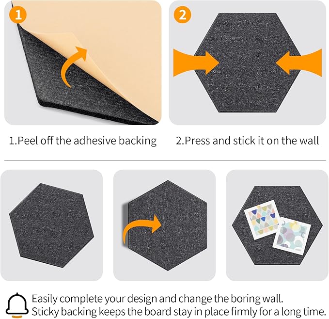 Fwpelt 12'' Large Hexagon Cork-Bulletin Boards for Walls, Self-Adhesive Modern Corkboard, Frameless Felt Pinboard, Prayer-Vision Pin Board for Office, Pack of 8 Hex Cork Tiles with 30 Pushpins