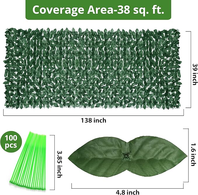 ZhiYo-GD Artificial Ivy Fence Privacy Screen 138x39in, Faux Ivy Wall Privacy Fence, Green Artificial Hedges with Pothos Leaves for Outdoor Wall Decor, Garden, Balcony, Patio, Apartment, and Yard