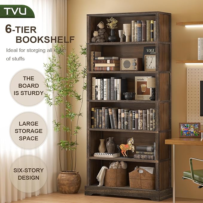 TVU 6-Tier Wooden Book Shelf, Floor-Standing Display Bookcase, 77.2" H x 31.5" W x 11" D Bookshelf, Farmhouse Style Book Case with Arched Base, Suitable for Living Room, Study, Office, Rustic Brown