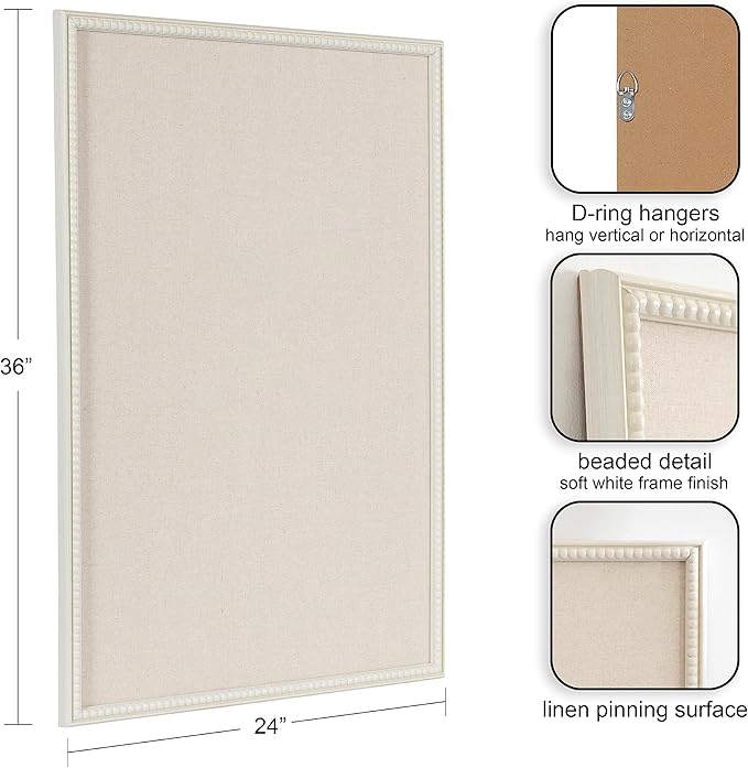 Kate and Laurel Makenna Traditional Linen Fabric Pinboard with Stunning Beaded Frame, 24x36, White