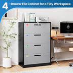 PEUKC 4 Drawer File Cabinet, Lateral Filing Cabinets for Home Office, Office Storage Drawers with Lock, Hanging Files Legal/Letter A4 Size (Assemble Required,Black Grey)