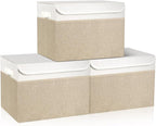 Bagnizer Large 17" 42 Quarts Collapsible Stackable Storage Bins with Lids [3-Pack] Foldable Fabric Linen Storage Boxes Cube, Closet Organizer Baskets with Label (16.7 x 12 x 12, Beige & White)