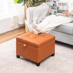 Adeco Small Faux Leather Storage Ottoman with Hinged Lid, 14 Inch High Square Cube Foot Stool with Storage, Upholstered Vanity Stool with Solid Wood Legs for Living Room, Bedroom, Dorm (Warm Orange)
