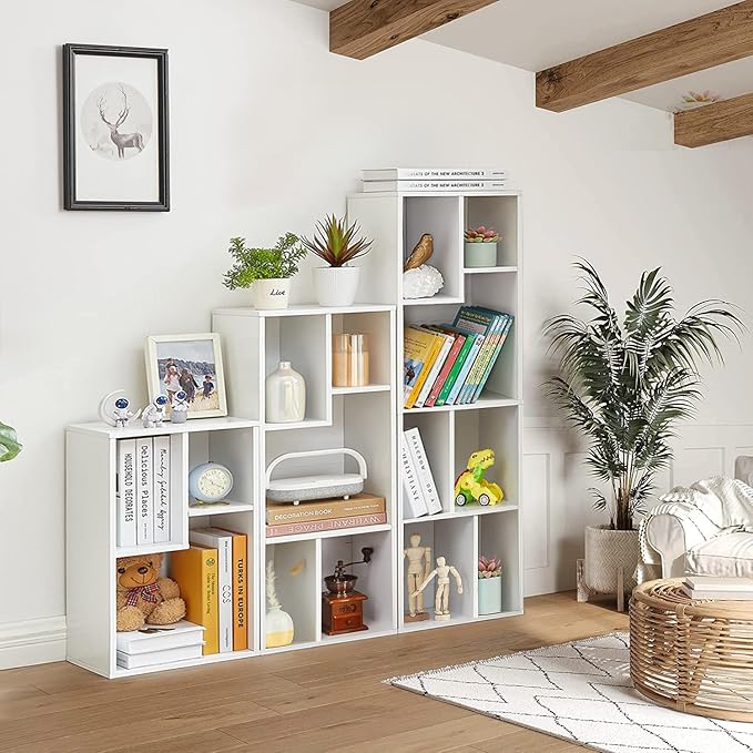 VECELO Wide Bookshelf Set, Fits 9.3" × 10-12.8" Hardcovers, Cube Storage Bookcases, Free-Standing for Living Room, Bedroom, Home Office, 2/3-Tier, 2-Pack, White