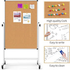 Double-Sided Corkboard Whiteboard, 32 x 48 Inches Dry Erase Board on Wheels, Height Adjustable, Portable Freestanding Board for Office, Planning, and Presentations (Cork & White)