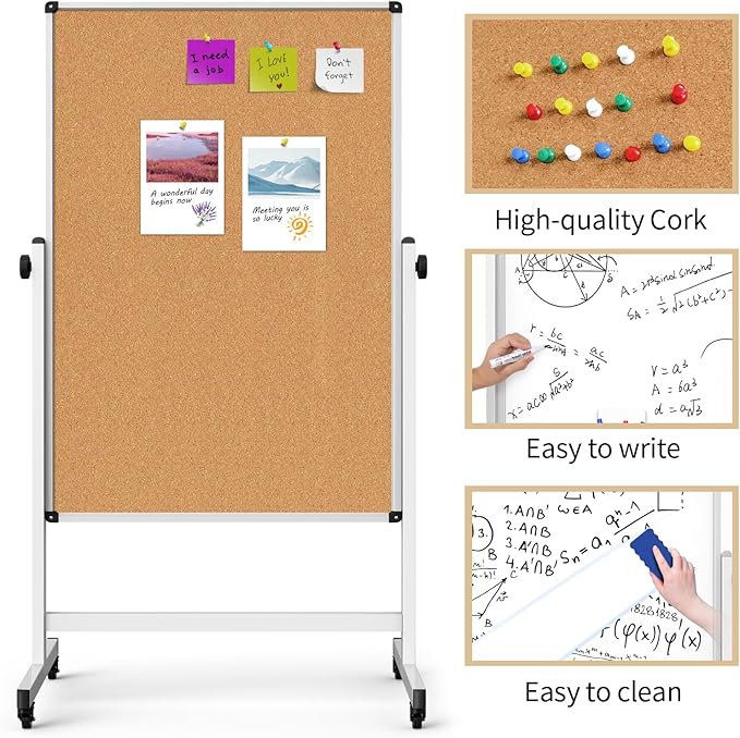 Double-Sided Corkboard Whiteboard, 32 x 48 Inches Dry Erase Board on Wheels, Height Adjustable, Portable Freestanding Board for Office, Planning, and Presentations (Cork & White)