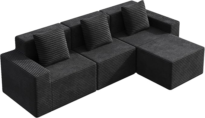 WLIVE 110'' Boneless Couch for Living Room, Modular Sectional Sofa, Cloud Memory Foam Couch L Shape with Chaise, Black