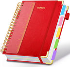 Hardcover Spiral Notebook 6.2"x 8.2" Journal Notebook with Tabs and Removable Dividers 300 Pages 5 Subject Notebook College Ruled, Faux Leather Spiral Bound Notebook for Women School Work(Red)