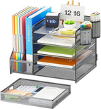 Marbrasse 5-Tier Paper Letter Tray Organizer with Drawer and Pen Holder, Mesh Desktop Organizer and Storage with Magazine Holder for Office Supplies (Grey)