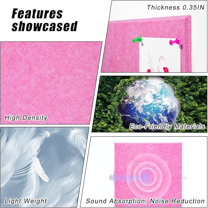 Large Cork Board 36" x 24", 6 Pack Felt Wall Tiles with Colored Pushpins, Bulletin Board with Removable Self-Adhesive Strips, Pin Board Cork Boards for Walls Office Home-Hot Pink