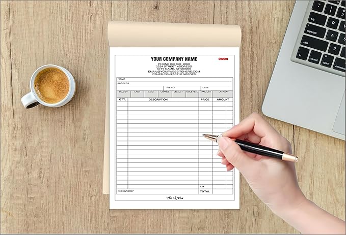 Custom Carbonless Invoice Book with Logo, Personalized Cover & Inner Pages, 2 Part NCR Receipt & Work Order Forms, Easy Tear, Writing Shield for Small Business (2-Part [White/Blue], 11.8x8.3INCH)