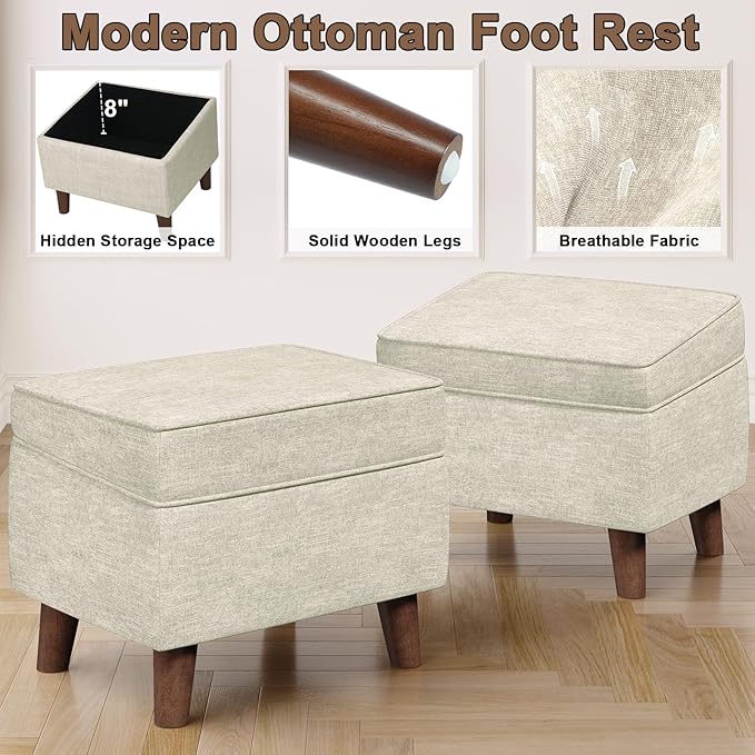 FAGAGA Foot Rest with Adjustable Cover, 18" Storage Ottoman Dorm, Footstool and Sitting Stool, Ottoman Foot Stools for Living Room, Bedroom, Dorm, Beige
